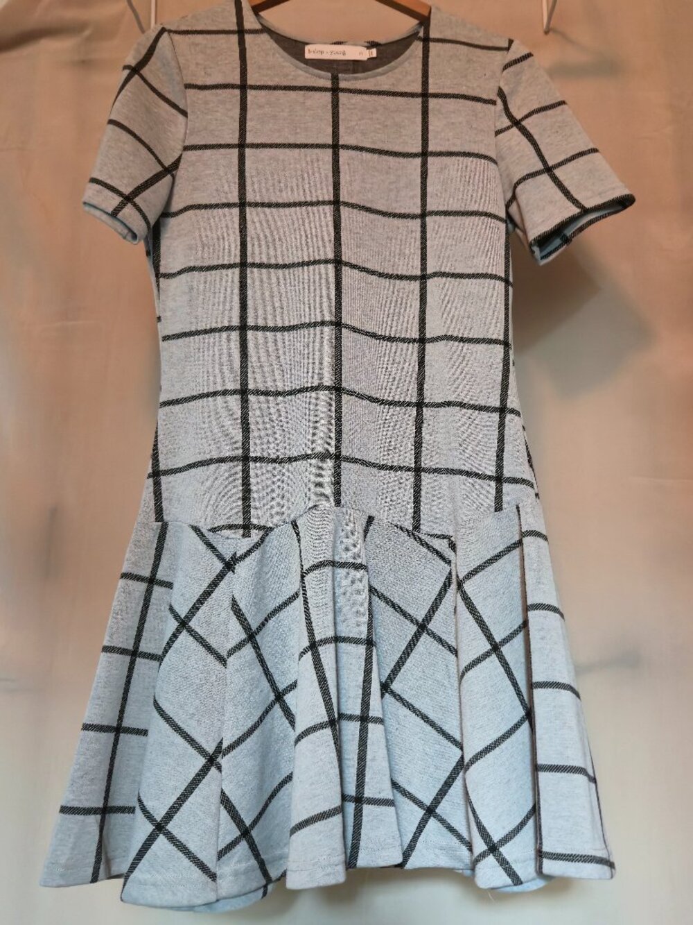 bishop + young Gray Drop Waist Windowpane Grid Fit & Flare S/Sleeve Dress Size M